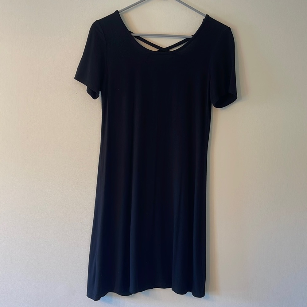 Olivia Rae black T-shirt dress with crisscross on upper back. Ultra soft, small